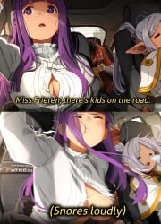 1boy 2girls alternate_version_available boob_window car censored elf english_text female female_focus fern_(sousou_no_frieren) frieren khyleri male meme multiple_girls purple_eyes purple_hair red_hair sleeping snoring sousou_no_frieren stark_(sousou_no_frieren) text vomit white_dress white_hair