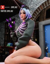 3d 3d_(artwork) crown epic_games fortnite fortnite:_battle_royale grey_jacket half_naked looking_at_viewer on_knees peace_sign persephone_(fortnite) white_hair zayd_koz