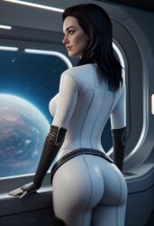 1girls ai_generated angel_light_(artist) artist_name ass bioware black_hair blue_eyes bodysuit female female_only from_behind hexagonal_pattern mass_effect_2 mass_effect_3 massive_breasts miranda_lawson source_removed source_request suit