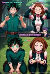 1girls 2boys1girl ai_generated before_and_after before_sex bisexual blush bodysuit brown_hair comic comic_page comic_panel comission english_text female green_eyes green_hair hands_on_breasts hands_on_head hypnosis hypnotic_eyes izuku_midoriya kneeling light-skinned_female light-skinned_male looking_at_viewer lustful_mind male midoriya_izuku mind_control my_hero_academia patreon_username pov resisting saliva scared shinsou_hitoshi shocked tagme text tongue twitter_username uraraka_ochako viewed_from_above