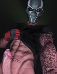 1boy 3d alpha_male bettybattaglia big_penis blue_eyes bottomless call_of_duty cocky cum daddy eye_contact gloves lifting_shirt male male_only manly mask masked masked_male nikto precum precum_drip shirt_lift solo solo_male tattoo tattoos watermark
