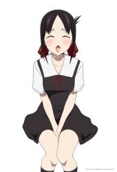 absurdres black_dress closed_eyes coro_fae cum cum_in_mouth cum_on_tongue dress facial female folded_ponytail hair_ribbon highres invisible_chair kaguya-sama_wa_kokurasetai_~tensai-tachi_no_renai_zunousen~ kneehighs parted_bangs red_ribbon ribbon school_uniform shinomiya_kaguya shuuchiin_academy_school_uniform simple_background sitting socks solo tongue tongue_out v_arms white_background