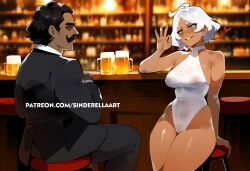 1boy 1girls ai_generated alcohol ass bar beer big_ass big_breasts big_butt breasts drinking drunk flirting gundam gundam_suisei_no_majo huge_breasts large_ass large_breasts mobile_suit_gundam secelia_dote sinderellaart talking