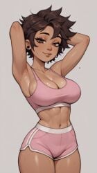 abs ai_generated bra brown_eyes brown_hair dark_skin gym_shorts luz_noceda pink_gym_shorts pink_sports_bra presenting presenting_armpit presenting_armpits shiny_skin short_hair sideboob simple_background sports_bra sweaty sweaty_armpits sweaty_body sweaty_breasts tanned tanned_female tanned_skin thick_thighs thighs tight_clothing toned toned_female