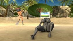 1boy 1girls android barefoot beach big_ass big_breasts completely_nude completely_nude_female female full_body grey_skin male naked naked_female nude nude_female robot_girl scout_(team_fortress_2) sfm thick_thighs tv_head