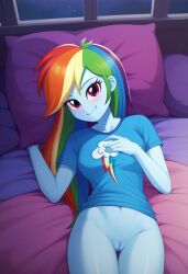 1female ai_generated bed bedroom blush blush equestria_girls female friendship_is_magic half_dressed half_naked indoors looking_at_viewer my_little_pony naked nude nude_female pussy rainbow_dash_(mlp) smile solo solo_female t-shirt t-shirt_only tagme teasing teasing_viewer viewed_from_above