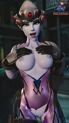 3d areolae batyastudio blender breasts female female_only looking_at_viewer nipples open_mouth overwatch pussy solo tongue tongue_out widowmaker