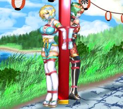 2girls alternate_costume bare_thighs blonde_hair blue_eyes bondage bound bound_to_pole breasts cleavage cloth_gag elbow_gloves female female_only femsub fire_emblem fire_emblem_heroes fishnet_legwear fishnets fjorm_(fire_emblem) fjorm_(ninja)_(fire_emblem) flower gag gloves grass green_hair hair_flower improvised_gag iree laegjarn_(fire_emblem) laegjarn_(ninja)_(fire_emblem) lantern large_breasts looking_at_viewer looking_back medium_breasts multicolored_hair multiple_girls multiple_subs ninja nintendo official_alternate_costume outdoors pantyhose pelvic_curtain pole pond red_eyes restrained restrained_arms sandals short_hair thighhighs thighs water yellow_hair