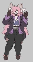 antlers azalea_(mexifurfoof) clothed clothing deer deer_ears deer_girl female fishnets freckles hoodie hooves jeans legs mexifurfoof peace_sign pink_fur pink_hair smile thin