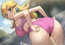 ai_generated ass ass_focus big_breasts big_butt blonde_hair blue_eyes dat_ass fat_ass gigantic_ass golden_shower gym_clothes gym_uniform huge_breasts huge_thighs in_search_of_holy_water light-skinned_female light_skin long_hair looking_back mario_(series) massive_breasts nintendo peeing pink_shorts princess_peach solo_female squatting super_mario_bros. thick_thighs thighs urinating urinating_female urination urine voluptuous voluptuous_female