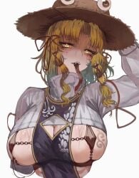 1girls big_breasts blonde_hair boob_window breasts fangs goddess hat light-skinned_female long_tongue revealing_clothes solo solo_female suwako_moriya tomatolover16 touhou underboob white_background yellow_eyes