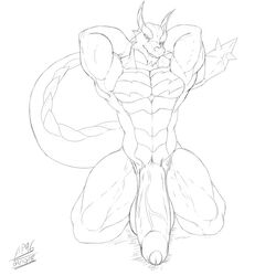 angrypotato96 anthro balls big_balls big_penis clothing dragon greyscale hands_behind_back huge_cock humanoid_penis kneeling looking_at_viewer male male_only monochrome muscular muscular_male penis precum sketch solo uncut underwear vein veiny_penis