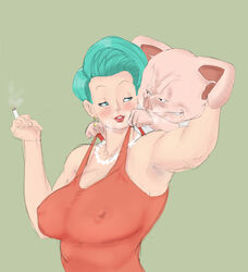 1boy 1girls anthro armpit_hair armpits big_areola blue_eyes blush breasts bulma_briefs bulma_briefs_(gt_saga) canon_smoker cigarette cleavage curvy dragon_ball dragon_ball_gt dress dress_tug duo earrings erect_nipples eye_contact female female_armpit_hair gigantic_breasts gradient_hair human large_breasts larger_female lipstick looking_at_another male mammal nipple_bulge oolong pig porcine red_dress red_lips red_lipstick short_hair simple_background size_difference smaller_male smile smirk thick_lips zetomeso