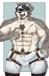 anothereidos_of_dragon_vein_r anthro armpit_focus armpit_hair ateeesta_92 balls_bulge bandanna_on_forehead belt bodily_fluids body_hair bottomwear bulge canid canine canis chains chest_hair clothing full_house_(anothereidos_r) fullhouse gold_(metal) gold_chain happy_trail hi_res male male_only mammal muscular muscular_male nipple_piercing nipples pants piercing raised_arms red_eyes scar solo solo_male sweat tenting wolf