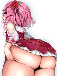 1girls ass ass_focus blush bottomless butt_focus female female_focus female_only nervous nijisanji nijisanji_en pink_hair red_eyes rose rose_(flower) rosemi_lovelock thighs topwear virtual_youtuber youtube youtuber youtuber_girl