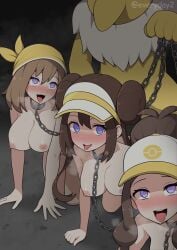1boy 3girls all_fours bandana baseball_cap blue_eyes blush bondage breasts brown_hair cap chain_leash chains clothing collar completely_nude completely_nude_female doughnut_hair_bun everyday2 eyelashes female fur hairbun hat headwear heart heart-shaped_pupils hi_res highres hilda_(pokemon) hypno hypnosis interspecies large_breasts leash light_brown_hair long_nose male may_(pokemon) medium_breasts metal_collar mind_control multiple_girls nose_blush nude nude_female open_mouth petplay pokemon pokemon_(game) pokemon_(species) pokemon_bw pokemon_bw2 pokemon_character pokemon_species pokephilia ponytail protagonist_(pokemon) rosa_(pokemon) sex_slave sidelocks symbol-shaped_pupils tied_hair tongue tongue_out visor_cap white_fur yellow_hat yellow_headwear yellow_skin