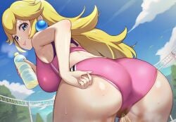 ai_generated ass ass_focus big_breasts big_butt blonde_hair blue_eyes dat_ass fat_ass gigantic_ass golden_shower gym_clothes gym_uniform huge_breasts huge_thighs in_search_of_holy_water light-skinned_female light_skin long_hair looking_back mario_(series) massive_breasts nintendo peeing pink_shorts princess_peach solo_female squatting super_mario_bros. thick_thighs thighs urinating urinating_female urination urine voluptuous voluptuous_female