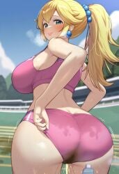 ai_generated ass ass_focus big_breasts big_butt blonde_hair blue_eyes dat_ass fat_ass gigantic_ass golden_shower gym_clothes gym_uniform huge_breasts huge_thighs in_search_of_holy_water light-skinned_female light_skin looking_back mario_(series) massive_breasts nintendo peeing pink_shorts ponytail princess_peach solo_female squatting super_mario_bros. thick_thighs thighs urinating urinating_female urination urine voluptuous voluptuous_female