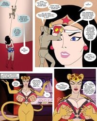 1boy 2girls ani7us big_breasts breasts_bigger_than_body breasts_bigger_than_head cheetah_(dc) comic dc dc_comics dialogue diana_of_themyscira diana_prince english_text harness huge_breasts micro micro_female micro_male mouse-man priscilla_rich restrained shared_senses shrinking size_difference speech_bubble superfriends wearing_others_breasts wonder_woman wonder_woman_(series)