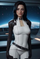 1girls ai_generated angel_light_(artist) artist_name belt bioware black_hair blue_eyes bodysuit female female_only hexagonal_pattern mass_effect_2 mass_effect_3 massive_breasts miranda_lawson navel_line solo source_removed source_request suit