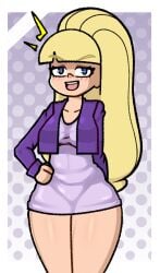 ^^^ blonde_hair blue_eyes blush breasts clothing cropped_jacket dress female female female_only gravity_falls halftone hand_on_hip jacket long_hair looking_at_viewer open_mouth pacifica_northwest polka_dot polka_dot_background ponytail purple_dress short_dress smile solo steca thelazyart thick_thighs thighs tied_hair very_long_hair wide_hips