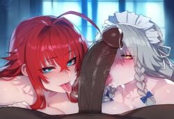 1boy 2girls ai_generated dark-skinned_male demon_girl fellatio gray_hair grayfia_lucifuge high_school_dxd red_hair rias_gremory tsunoko_(artist) worship