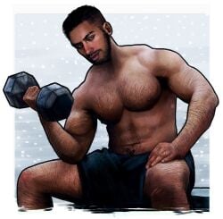 arm_hair brown_skin brown_skinned_male call_of_duty chest_hair dark-skinned_male dark_skin dumbbell facial_hair felrija gaz_(call_of_duty_4) hairy hairy_male happy_trail kyle_garrick lifting_weights muscular muscular_male pecs shirtless shirtless_male shorts weights working_out