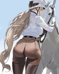 ass blonde_hair blue_eyes boots breasts brown_pants crown_(nikke) dat_ass fanart from_behind gloves goddess_of_victory:_nikke headwear helmet hintobento horse large_breasts long_hair long_ponytail low_ponytail pants ponytail riding_boots riding_outfit shirt shirt_tucked_in sky solo very_long_hair white_gloves white_horse white_shirt