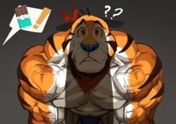 2024 abs absurd_res anthro barazoku biceps big_muscles bodily_fluids bulge candy chocolate clothed clothing deltoids dessert exclamation_point eyebrows felid food frosted_flakes frown fur grey_background hi_res huge_arms huge_muscles imminent_sex kellogg's kemono kerchief kneeling looking_at_viewer looming male male/male mammal mascot muscular muscular_anthro muscular_male neckerchief nervous offscreen_character pantherine pecs penis_shadow pictographics question_mark shadow simple_background solo speech_bubble sweat thick_arms thong tiger tony_the_tiger topless topless_anthro topless_male traver009 tuft underwear vein veiny_muscles