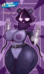 1girls anthro bear_ears big_breasts breasts busty curvy english_text female female_only fortnite furry glowing_eyes nipples peace_sign pink_eyes purple_nipples pussy raven_team_leader sambiix solo solo_female text thick_thighs vagina