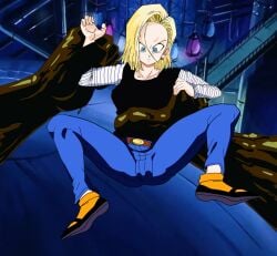 1girl accurate_art_style alternate_version_available android_18 angry_expression angry_face before_sex belt big_nutt black_flats black_shirt black_shoes blodne_hair blue_eyes broly clothed dragon_ball dragon_ball_z female flats grabbing grabbing_arm grabbing_waist jeans sheos short_hair size_difference solo spread_legs striped_sleeves surprised waist_grab white_sleeves yellow_socks