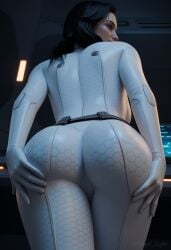 1girls ai_generated angel_light_(artist) artist_name ass ass_focus ass_grab bioware black_hair blue_eyes bodysuit cameltoe female female_only from_behind from_below hexagonal_pattern mass_effect_2 mass_effect_3 massive_breasts miranda_lawson solo source_removed source_request suit