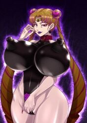 belt_collar bishoujo_senshi_sailor_moon black_leotard corruption covered_nipples dark_persona enemy_conversion female huge_ass huge_breasts latex lips nipple_piercing pierced_through_clothes piercing_attached_clothing piercing_through_clothes purple_lips ryuney sailor_moon smooth_skin streaked_hair thick_lips thick_thighs tongue_out usagi_tsukino wide_hips