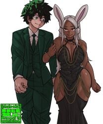 1boy 1girls age_difference black_dress bunny_ears bunny_girl dark-skinned_female dark_skin green_suit hourglass_figure izuku_midoriya light-skinned_male light_skin mature_female miruko modakawa_dress my_hero_academia rumi_usagiyama shosho_oekaki slim_waist suit thick_thighs wide_hips younger_male