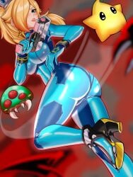 1girls ass blonde_hair blue_eyes bodysuit crown gun heels luma mario_(series) metroid metroid_(creature) nintendo one_eye_obstructed princess_rosalina saikoartanime samus_aran_(cosplay) skin_tight tight_clothing weapon zero_suit