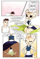 2018 aggressive_retsuko anthro blush canine closed_eyes clothing dialogue duo english_text eto_ya female fenneko hair hi_res human male mammal office_lady open_mouth pussy_juice smooth_fur tailwag text underwear