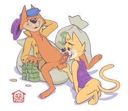 2boys anthro_on_anthro arm_rest artist_logo balls blowjob caressing_balls cat cat_ears cat_tail clothed clothing erect_while_sucking erection feline fellatio feral giving_head going_down_on hand_behind_head hanna-barbera hat jazz_(top_cat) licking_penis male mammal money money_bag oral oral_sex partially_clothed penis penis_size_difference pleasure_face prostitution puggy saliva_on_penis sex spread_legs tongue tongue_out top_cat top_cat_(series) trenchcoat vest yaoi