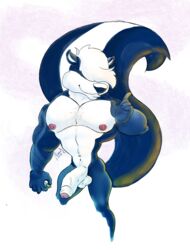 1boy 2018 anthro balls big_penis black_fur cigarette foreskin looney_tunes male male_only manly muscular nipples nude penis pitu_le_pew simple_background skunk smooth_fur solo white_fur white_hair xneobeastx