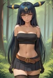 1girls ai_generated arm_sleeves bare_shoulders belt civitai cleavage collarbone dark_blue_hair elbow_gloves forest forest_background gijinka humanization humanized humanized_pokemon long_hair medium_breasts midriff personification pokemon skirt strapless thighhighs umbreon very_long_hair yellow_eyes
