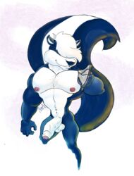 1boy 2018 anthro balls big_penis black_fur foreskin looney_tunes male male_only manly muscular nipples nude penis pitu_le_pew simple_background skunk smooth_fur solo underwear white_fur white_hair xneobeastx