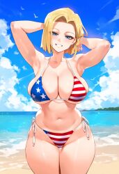 1girls ai_generated american_flag_bikini android_18 beach big_breasts bikini blush breasts dragon_ball female female_only light-skinned_female reinafan smile solo solo_female tagme thick_thighs wide_hips