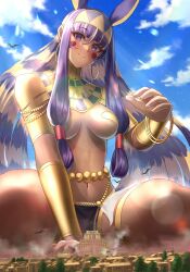 1girls blackswamp0808 city egyptian fate/grand_order giantess hoop_earrings hoop_earrings_oversized multicolored_hair nitocris_(fate/grand_order) purple_hair squatting temple