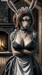 ai_generated animal_ears anthro apron artist_name bell black_bra bra breasts brown_hair choker cleavage crossed_arms female female_anthro fireplace furry furry_female hi_res high_resolution highres large_breasts maid maid_headdress photorealistic rabbit_ears realistic solo stable_diffusion twitter twitter_username underwear watermark yellow_eyes yiffyjiffy2 yiffyjiffy69