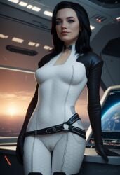 1girls ai_generated angel_light_(artist) artist_name belt bioware black_hair blue_eyes bodysuit cameltoe female female_only hexagonal_pattern indoors mass_effect_2 mass_effect_3 massive_breasts miranda_lawson solo source_removed source_request suit