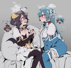 2girls an_sin bangs black_hair blue_hair blush breasts chain_leash chains cleavage collar fangs female_only gushing_over_magical_girls hair hair_ornament hairbow hiiragi_utena horns leash long_hair magia_azul magia_baiser mahou_shoujo_ni_akogarete minakami_sayo red_eyes skirt thighhighs yellow_eyes yuri