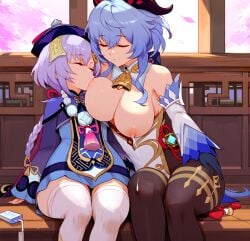 2girls ai_generated breast_sucking breastfeeding breasts ganyu_(genshin_impact) genshin_impact qiqi_(genshin_impact) size_difference