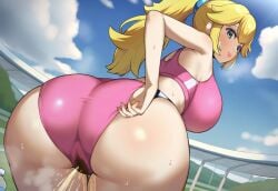 ai_generated ass ass_focus big_breasts big_butt blonde_hair blue_eyes dat_ass fat_ass gigantic_ass golden_shower gym_clothes gym_uniform huge_breasts huge_thighs in_search_of_holy_water light-skinned_female light_skin looking_back mario_(series) massive_breasts nintendo peeing pink_shorts ponytail princess_peach solo_female squatting super_mario_bros. thick_thighs thighs urinating urinating_female urination urine voluptuous voluptuous_female