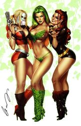 3girls ass batman_(series) batman_66 belt big_breasts black_heels black_leotard blonde_hair blowing_bubblegum boots bra bracelet breasts brown_eyes brown_hair bubblegum bustier busty cat_ears catwoman cleavage corset dc dc_comics earrings elias_chatzoudis embrace eye_contact eyeshadow facepaint fake_animal_ears female female_only full_body green_bra green_eyes green_hair green_heels green_lips green_lipstick green_nail_polish green_nails green_panties green_thong gun harley_quinn heels high_heels highlights holding_gun holding_pistol hot_pants hug julie_newmar large_breasts leotard lipstick looking_at_viewer makeup mascara nail_polish panties pinup pistol poison_ivy red_hair red_heels red_highlights red_lips red_lipstick revolver scan short_shorts shorts smile smiling spiked_bracelet straight_hair supervillain thighs thong twintails yellow_belt