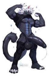 5_fingers abs anthro areola balls biceps big_balls big_penis biped bodily_fluids claws dynal_(theonlydynal) eyebrow_through_hair eyebrows fingers flexing fur genital_fluids genitals glans hair half-erect hi_res huge_balls huge_cock humanoid_genitalia humanoid_penis male mammal muscular muscular_anthro muscular_male nipples pecs penis plna precum simple_background smile solo tail translucent translucent_hair unknown_species vein veiny_penis white_background