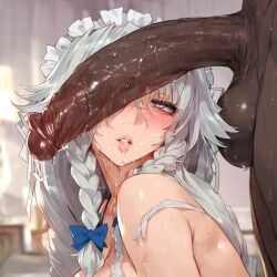 1boy 1girl 1girls ai_generated blue_eyes blush bow braid breasts collarbone dark-skinned_male eyebrows_visible_through_hair fellatio gray_hair grayfia_lucifuge hair_between_eyes hair_bow hetero high_school_dxd izayoi_sakuya licking looking_at_viewer maid maid_headdress nude oral penis saliva tongue tongue_out tsunoko_(artist) twin_braids uncensored veins worship